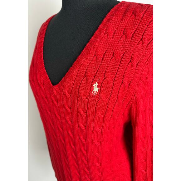 Ralph Lauren Size XL Women's Cable Knit V-Neck Sweater Fisherman Gold Pony Red - Picture 3 of 11